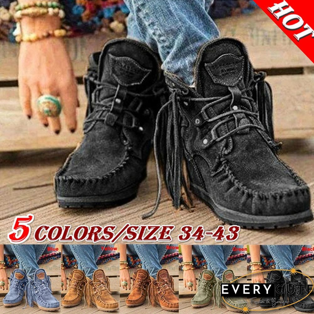 HOT Trend Fashion Faux Leather Tassel Boots for Women Short Platform Boots High Top Martin Boots Vintage Chunky Low Heel Short Boot Ankle Booties Flat Boots Autumn Winter Shoes for Female Plus Size