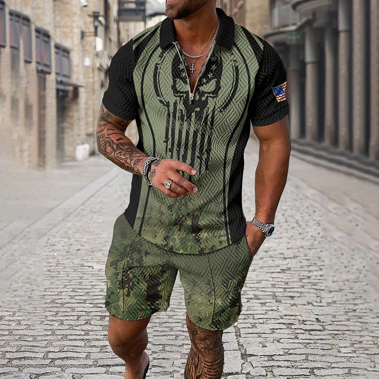 Broswear Men's Skull Camouflage Painting Sleeve Polo Shirt And Shorts Co-Ord