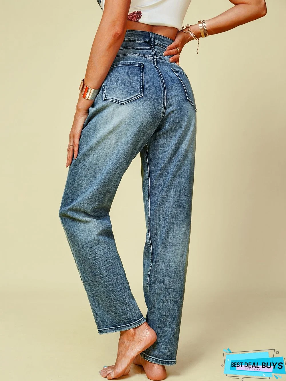 Blue Denim Simple Solid Pockets Jeans