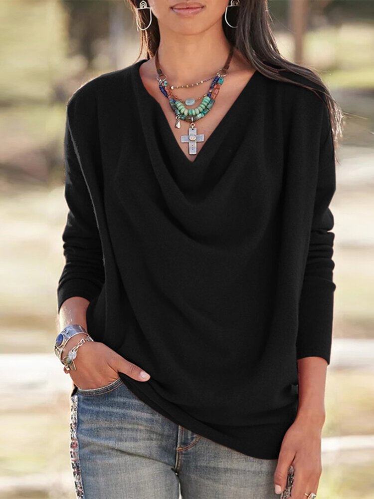 Solid Color V neck Long Sleeve Casual T Shirt For Women P1782634