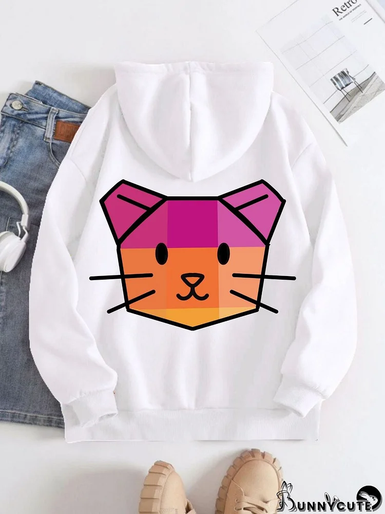 Printed on the Back Kangaroo Pocket Hoodie Long Sleeve for Women Pattern Babymew Cat