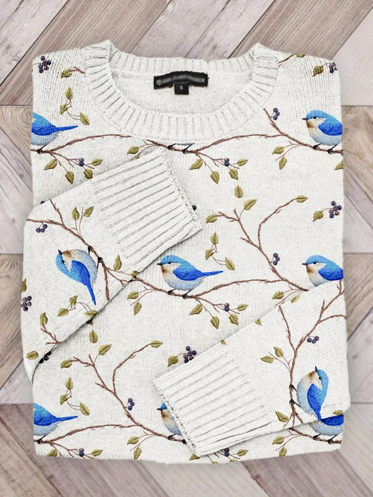 Cute Blue Bird Embroidered Cozy Knit Sweater