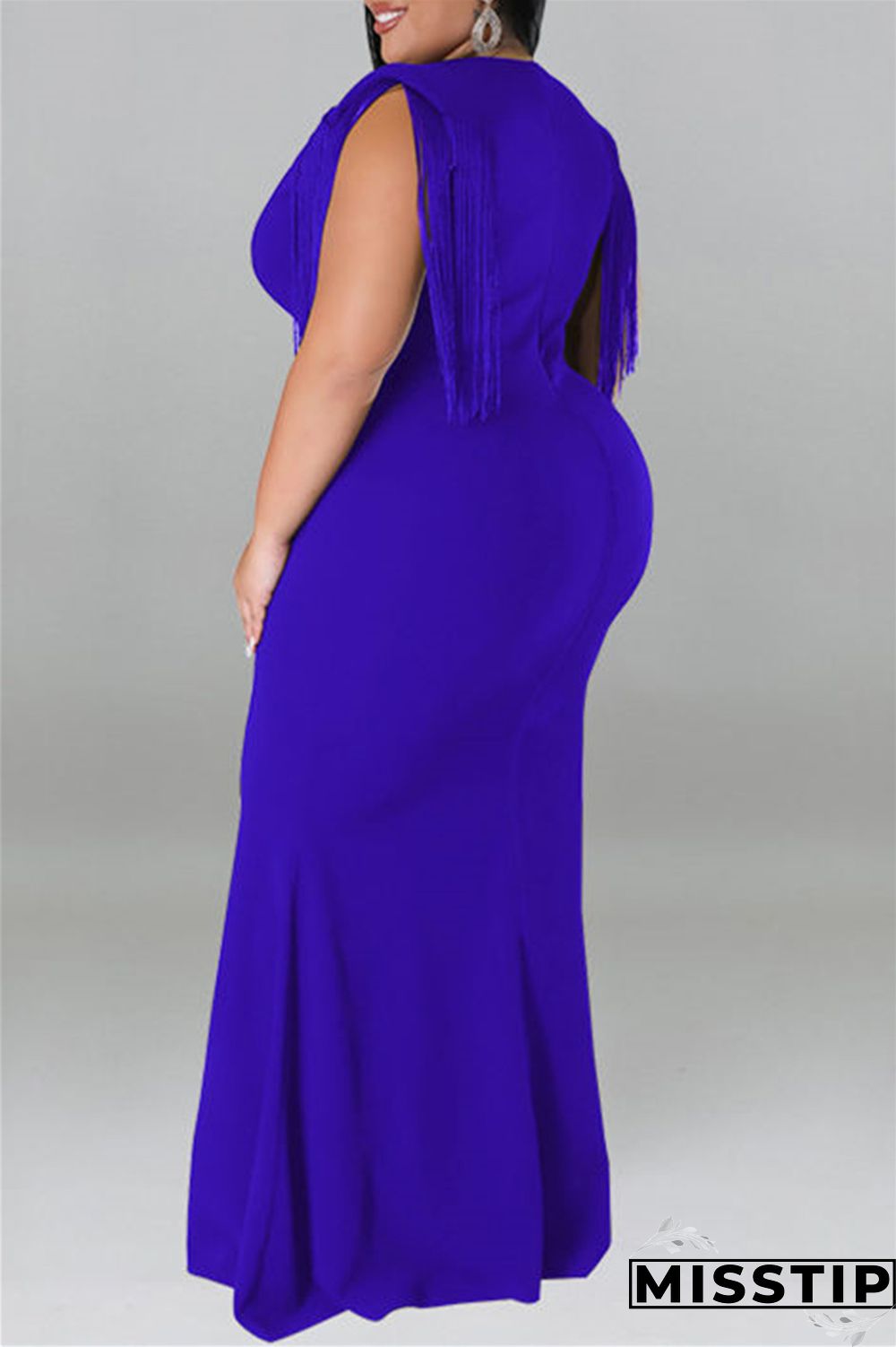 Blue Casual Plus Size Solid Tassel Patchwork V Neck Long Dress