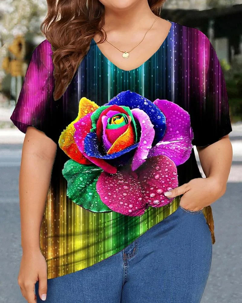 Light rose print V-neck plus size ladies short-sleeved T-shirt