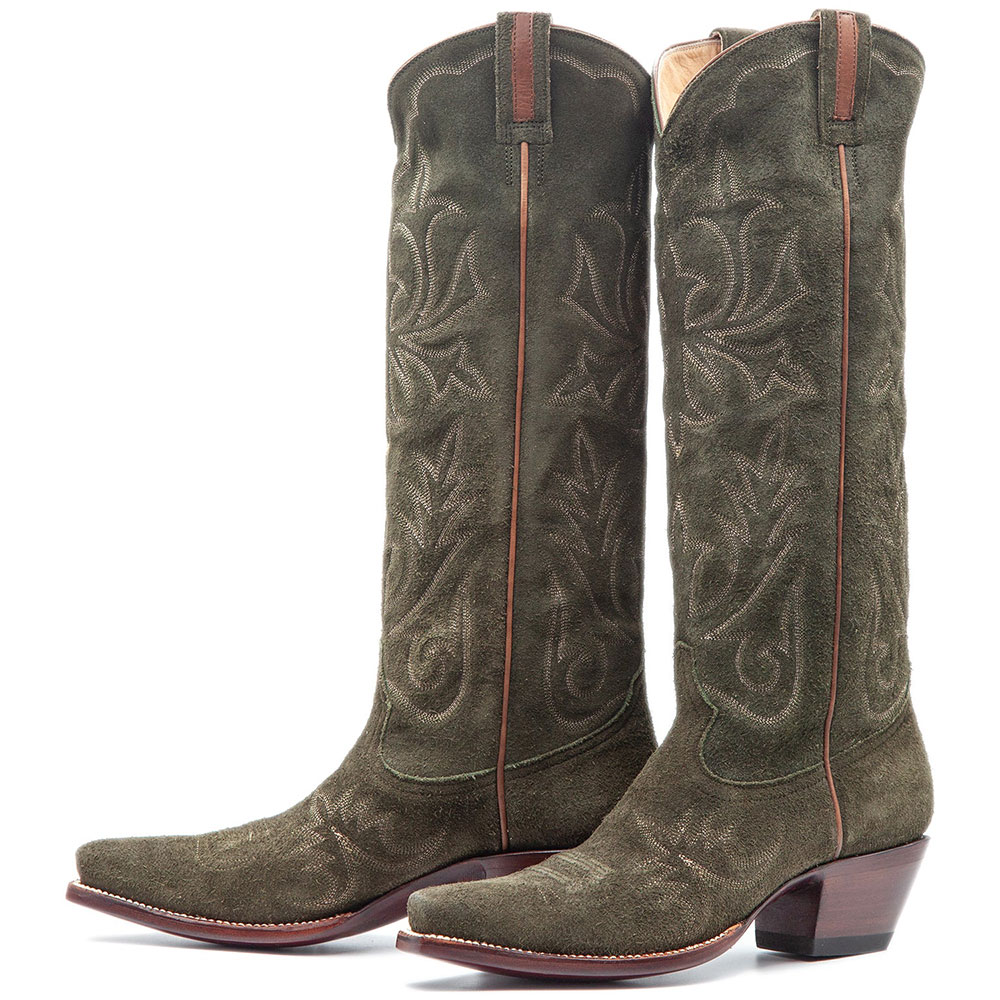 Olive Vegan Suede Chunky Heel Knee-High Cowgirl Boots with Snip Toe Nicepairs