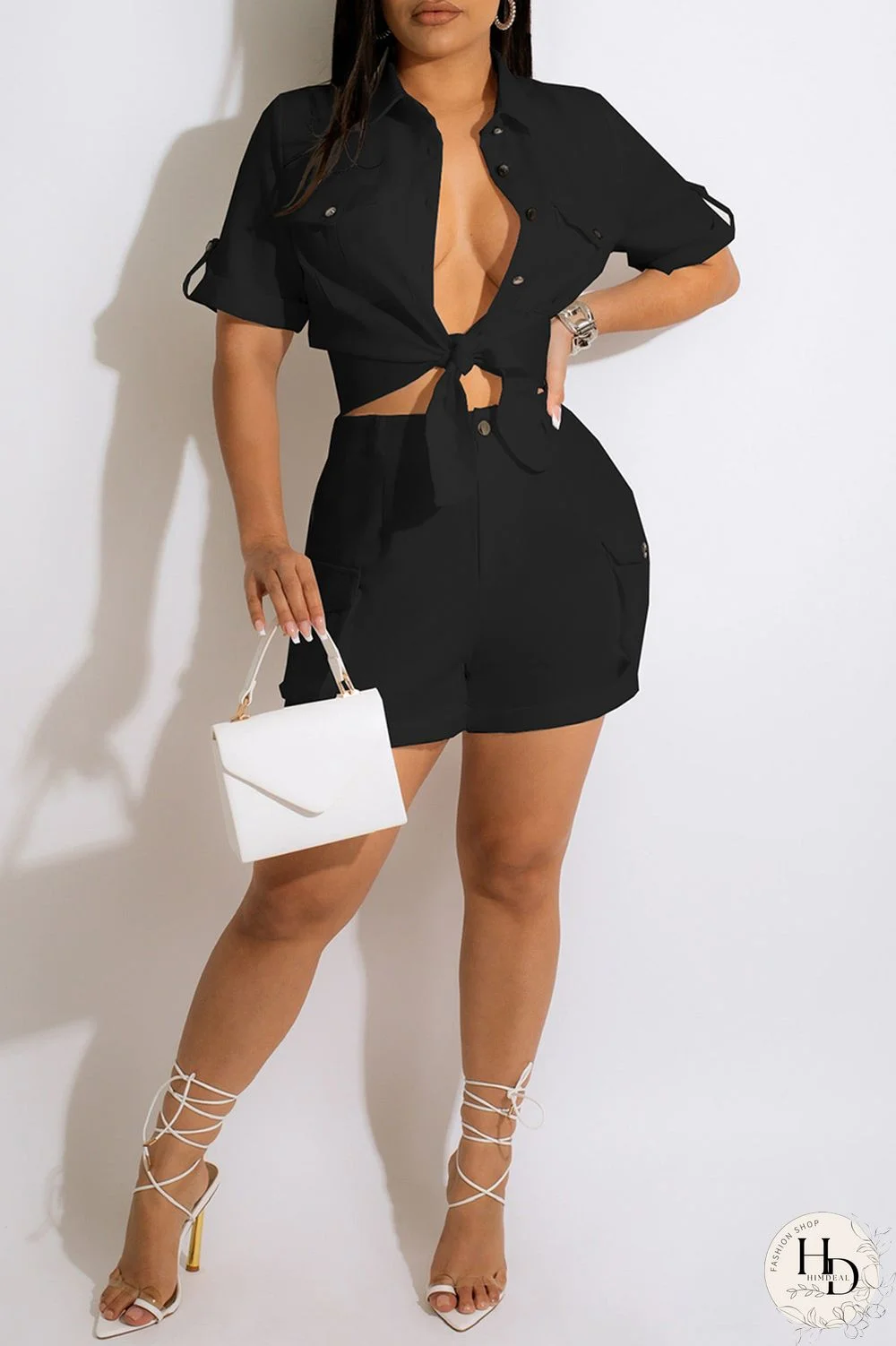 Black Casual Solid Buttons Shirt Collar Short Sleeve Two Pieces