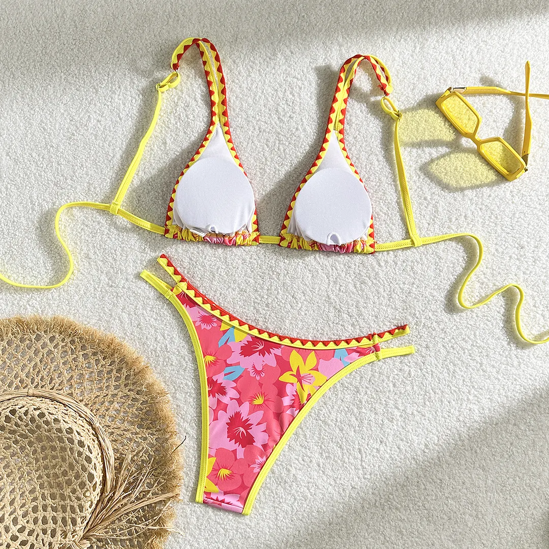 Uveng 2024 Sexy Little Fresh New Flower Shell Tooth Split Drawstring Strap Swimsuit Bikini