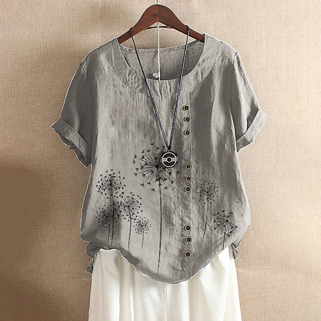 2021 Blouse Women Flower Print Vintage Linen Blouse Tops Female Button Shirts Short Sleeve Summer Oversized Shirt