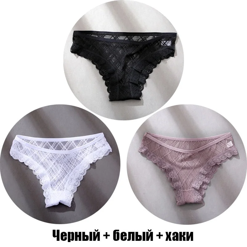 3PCS/Set Floral Lace Women's Panties Female Hollow Out Mesh Briefs Transparent Low Rise Underwear Ladies Big Size Lingerie M-2XL