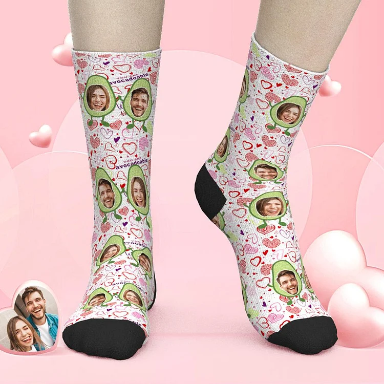 Custom Face Heart Socks Avocado Happy Smiley Face Valentine's Day Gifts