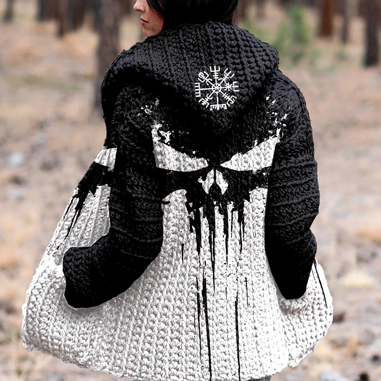 Retro Viking Skull Runes Totem Print Hooded Cardigan Sweater