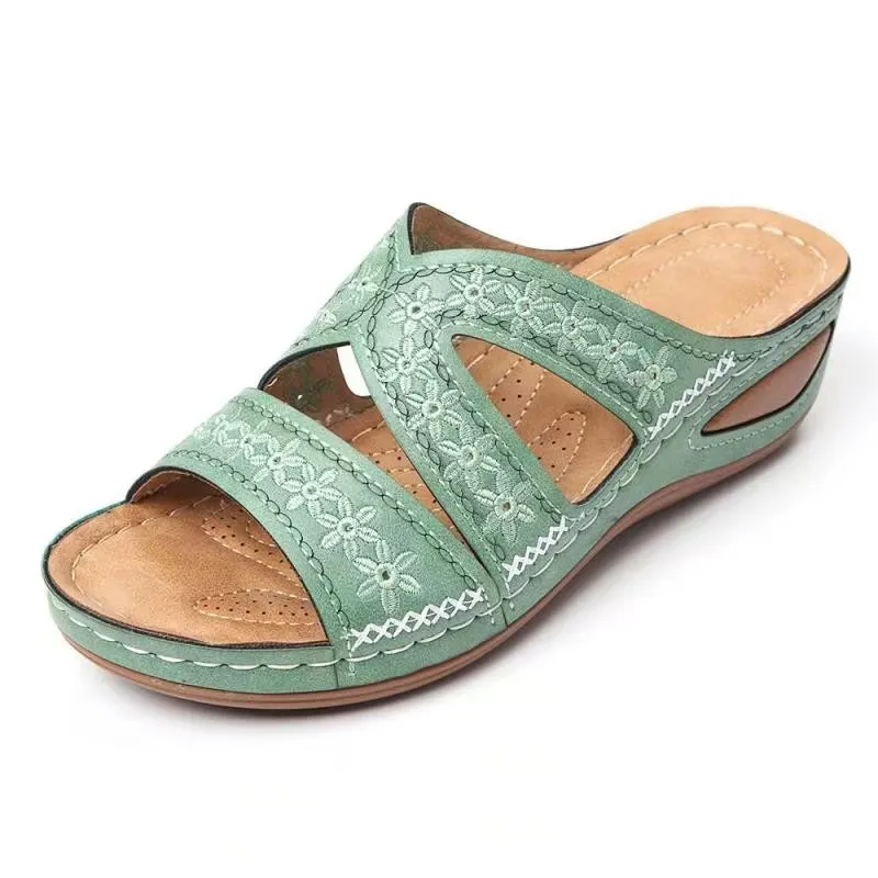 Breakj Breakj Women's Slope And Sewing Sandals Fish Mouth Thick Soles Hollow Large Size Shoes Embroidered Cool Slippers