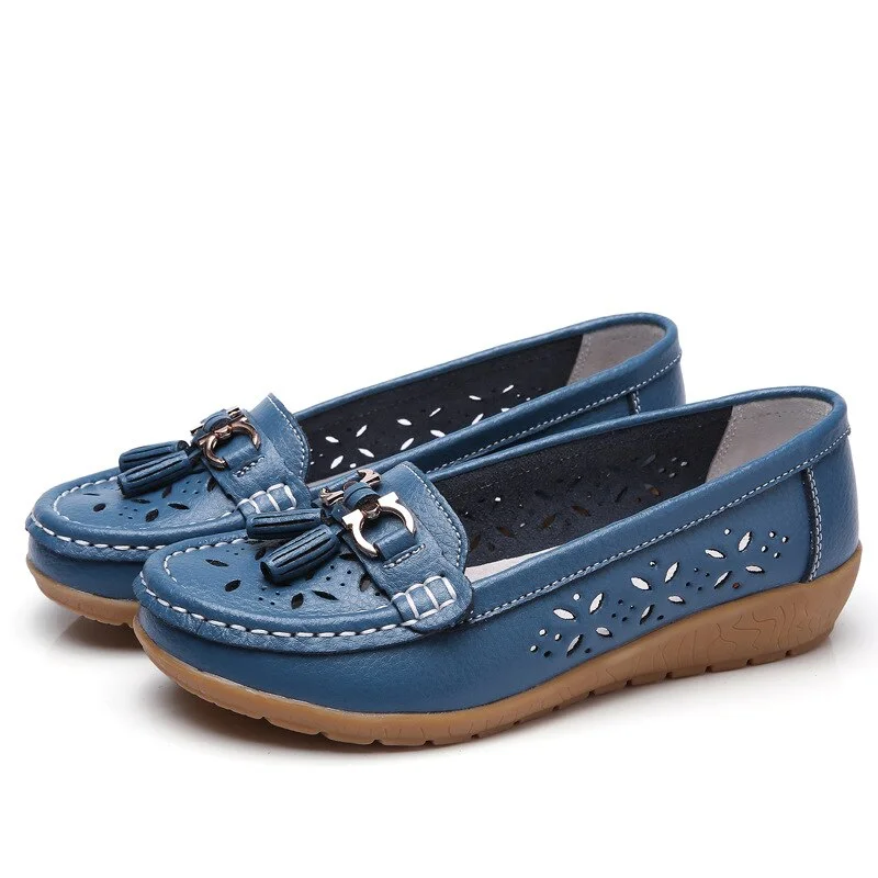 2020 New Summer Leather Women's Shoes Moccasins Platform Shoes Soft Boat Shoes Fashion Cutout Flats Casual Low Heel Nurse Shoes