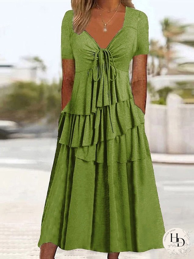 Casual Dress Summer Dress Pleated Dress Plain Lace up Ruched V Neck Midi Dress Fashion Basic Outdoor Daily Short Sleeve Slim Pink Wine Green Summer Spring S M L XL XXL for Women