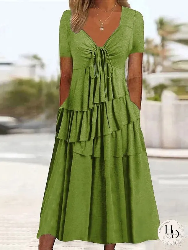Casual Dress Summer Dress Pleated Dress Plain Lace up Ruched V Neck Midi Dress Fashion Basic Outdoor Daily Short Sleeve Slim Pink Wine Green Summer Spring S M L XL XXL for Women