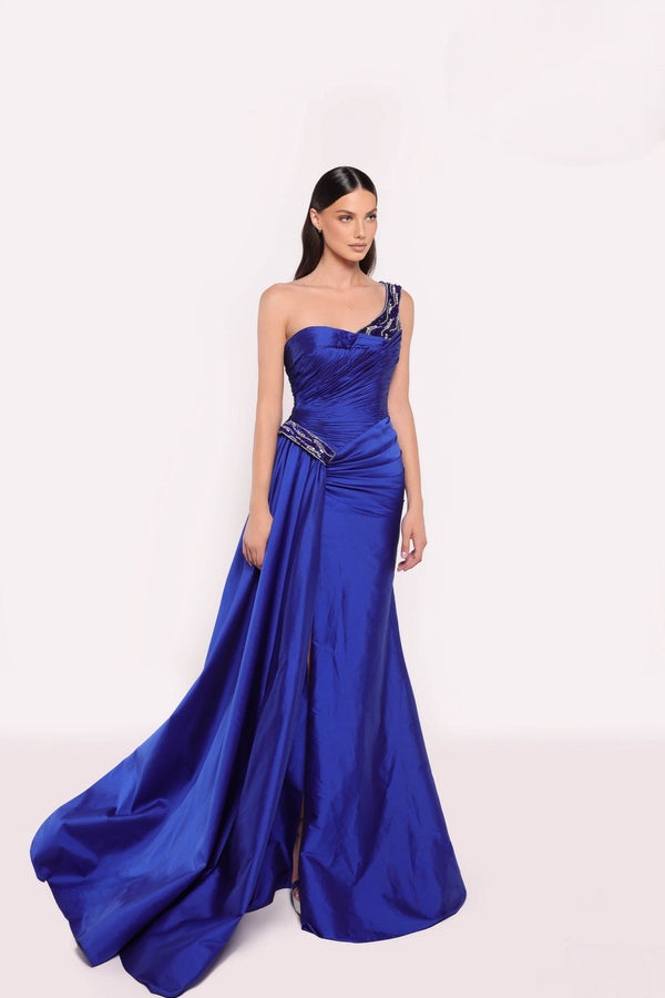 Ovlias Exquisite Royal Blue One shoulder Split Mermaid Evening Dress LY0710