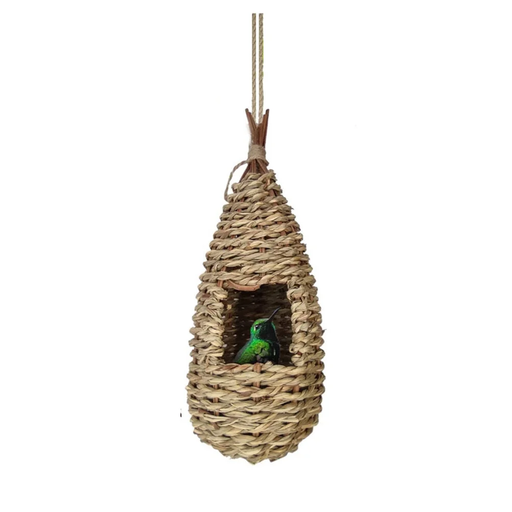 Handmade Woven Grass Bird Nest Hammock Hut Hanging Bird House Natural Fiber Finch Bird Nest Hut Outdoor Cage Shelter Hideaway