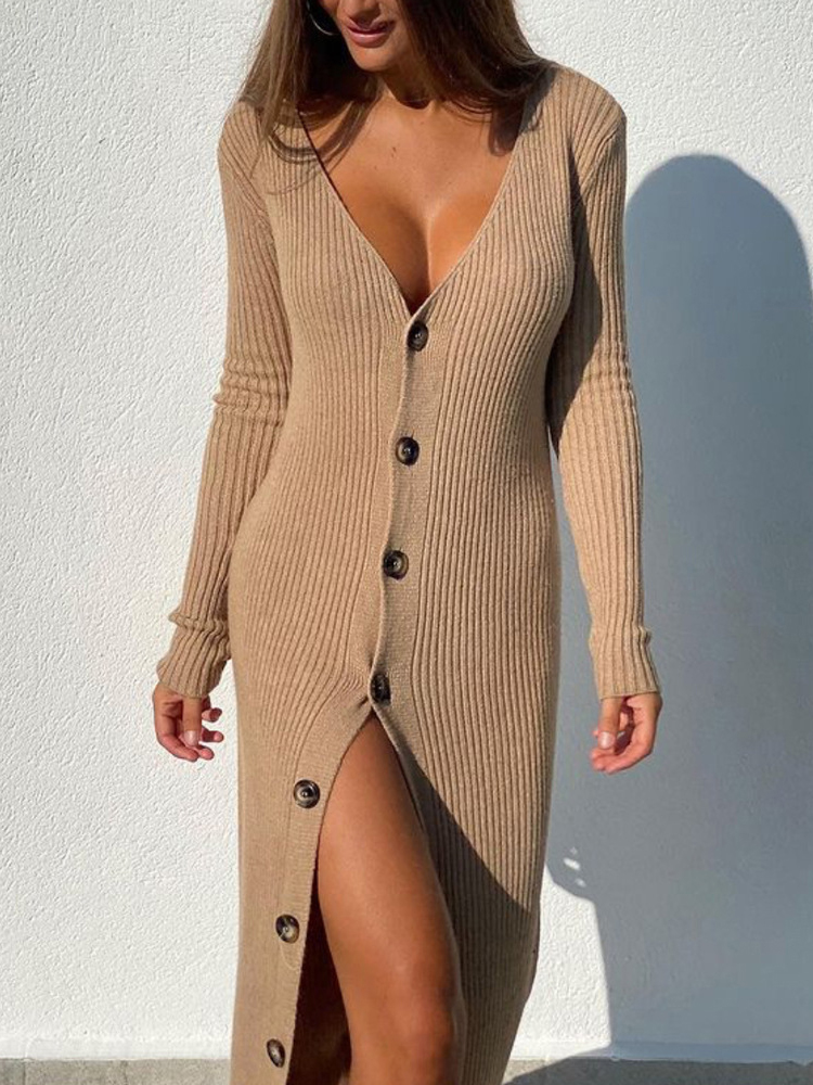 Ootddress Spring New Knitted Sweater Dress V Neck Long Sleeve Bodycon Midi Dress Cardigan Knitwear Ladies Casual White Dresses 2025