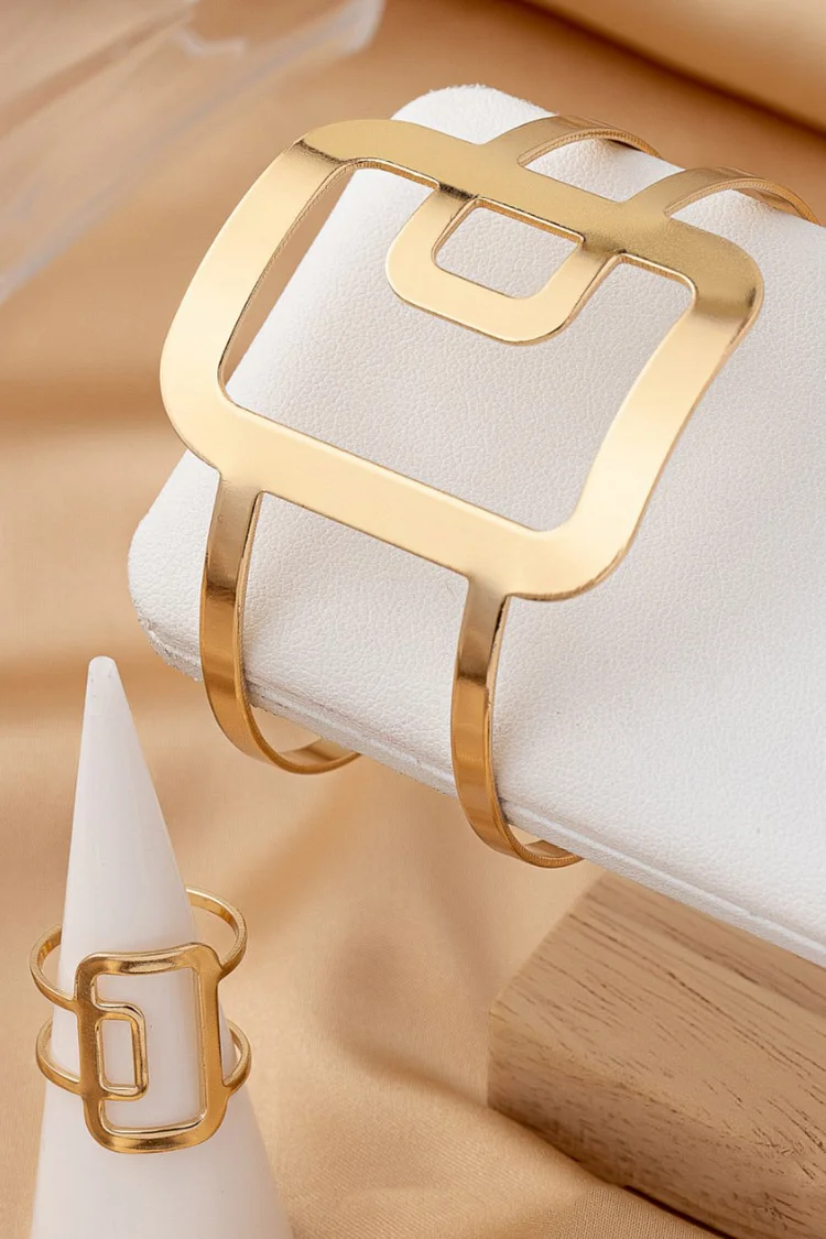 Party Geometric Square Hollow Splicing Textured Adjustable Open Bracelet Ring Jewelry Set 2024 - Xpluswear