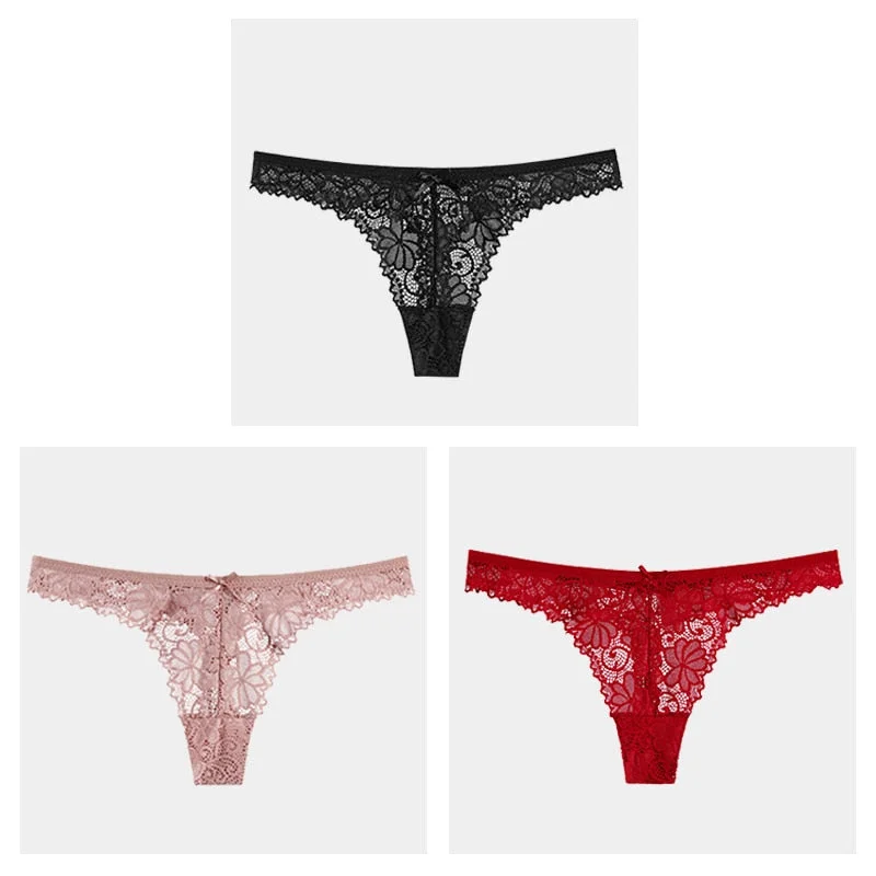 3Pcs/Lot Sexy Lace Thong Low Waist Lace Transparent Panties Women Hollow out Breathable G String Briefs Bow Underwear Lingerie