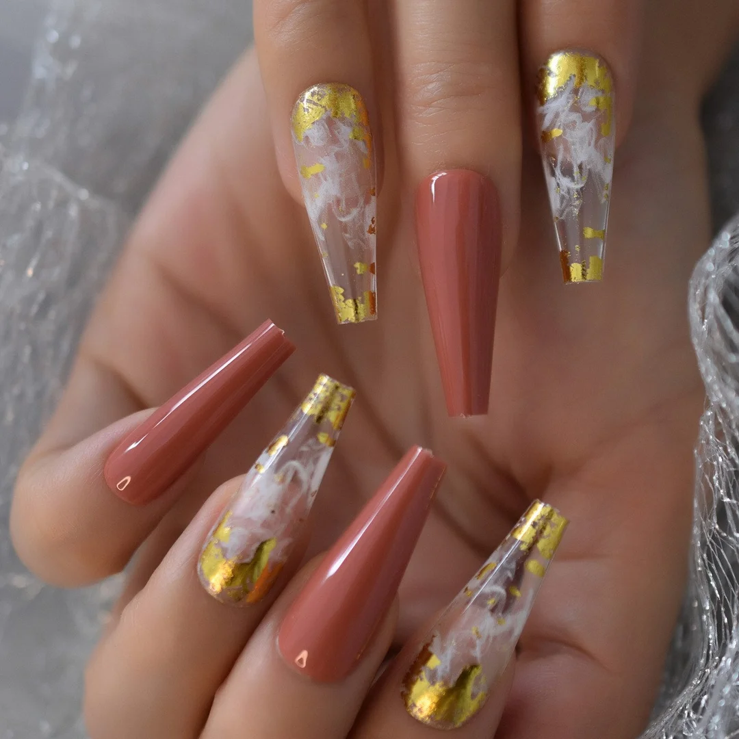 Glossy Nail Tips With 6pcs Foil Press On Nails 2021 Coffin Fingernails Extra Long Manicure With Design Supplies For Professional-Nail Inspo