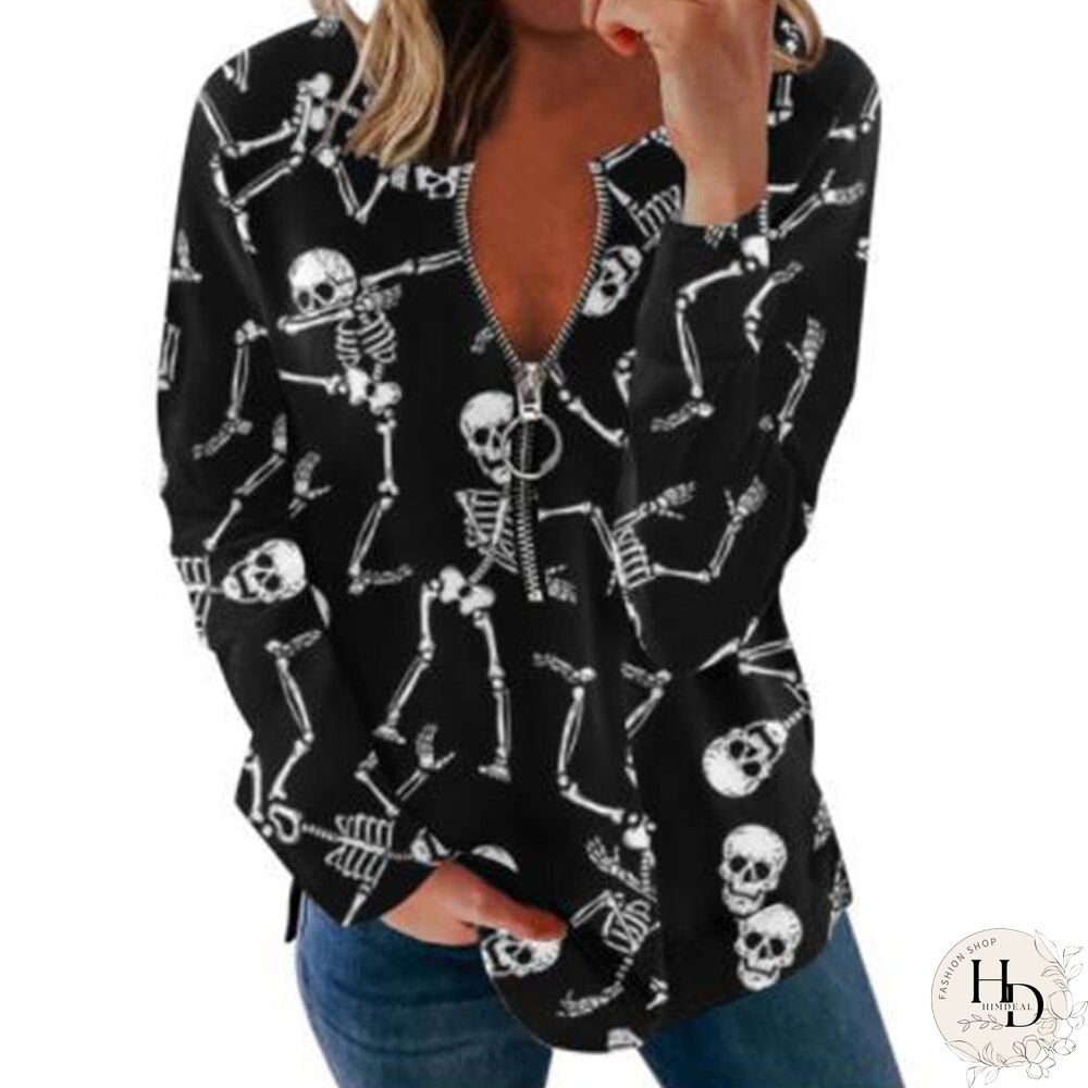 Women Halloween Long Sleeve Sweatshirts Pumpkin Ghost Printed Loose Tops Round-neck Tee
