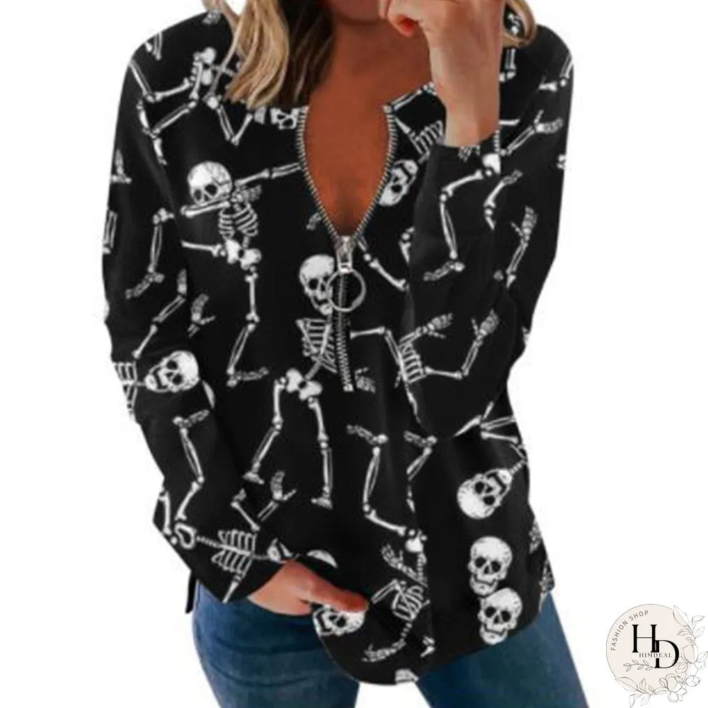 Women Halloween Long Sleeve Sweatshirts Pumpkin Ghost Printed Loose Tops Round-neck Tee