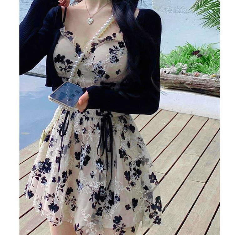 Floral Print Lace Up Slip Dress Cardigan Two Pieces