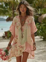 Women's Vintage Pink Floral Art Casual Midi Dress