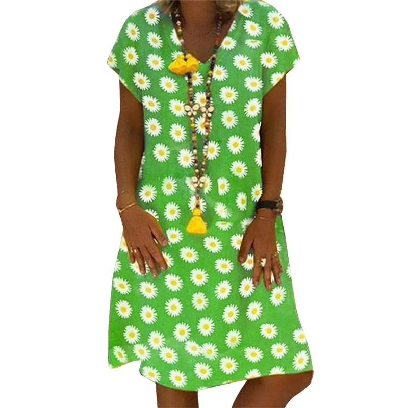 2020 Summer Floral Summer Loose Dress Women V-neck Short Sleeve Plus Size Elegant Midi Dresses Beach Casual Boho Yellow Dress