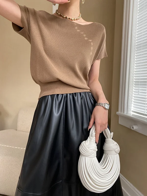Stylish Loose Solid Color Boat Neck Knitwear Pullovers Tops