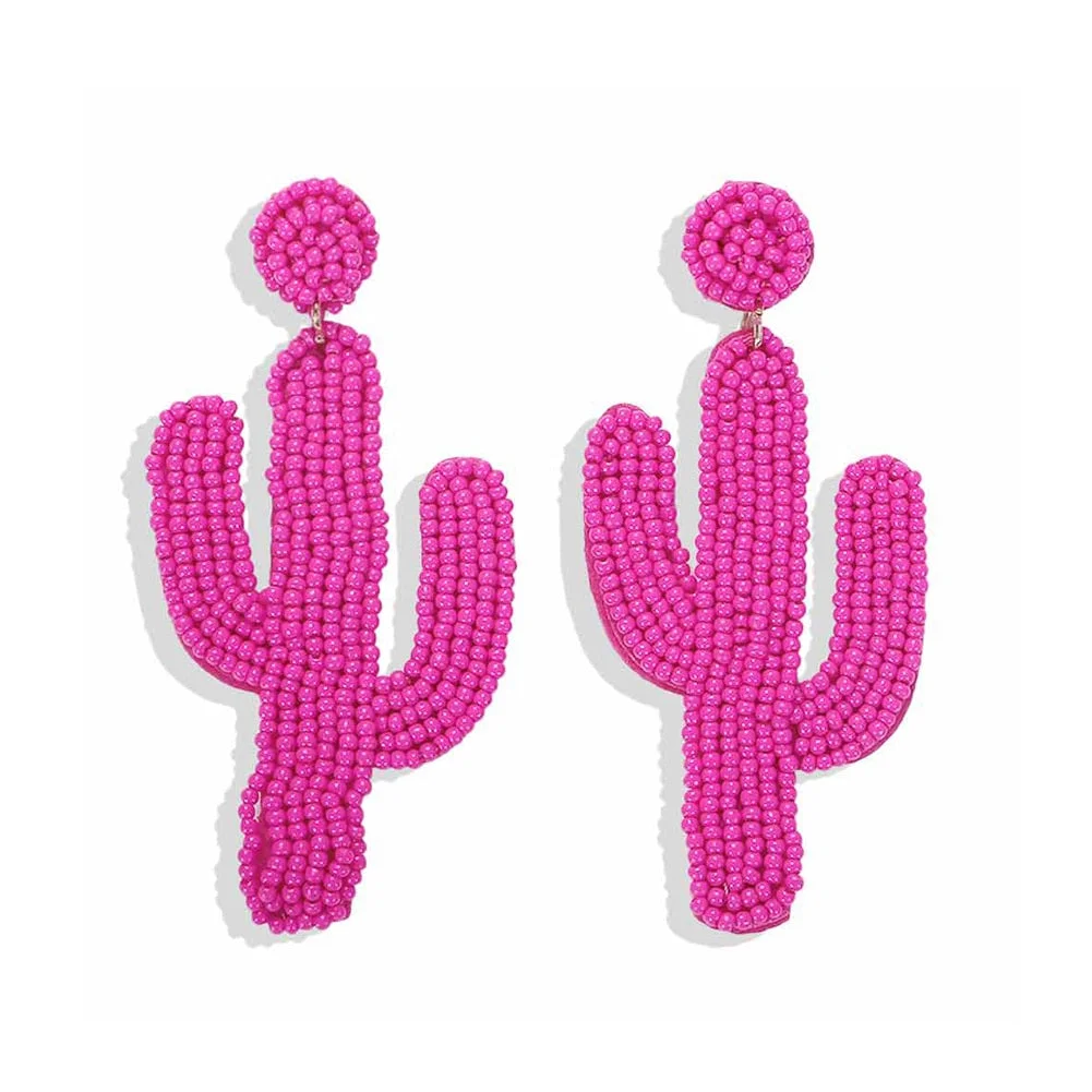 Dvacaman Cute Colorful Rhinestone Cactus Earrings for Women Boho Handmade Green Beaded Cactus Drop Dangle Earrings Jewelry Party