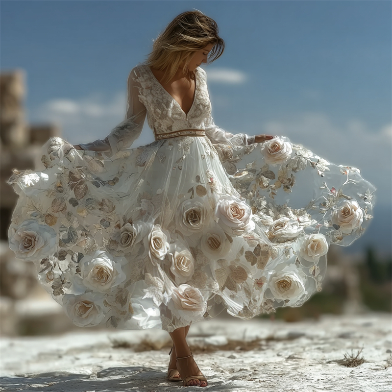 Comstylish Classy White Roses Glitter Fiber Art Flowy Maxi Dress