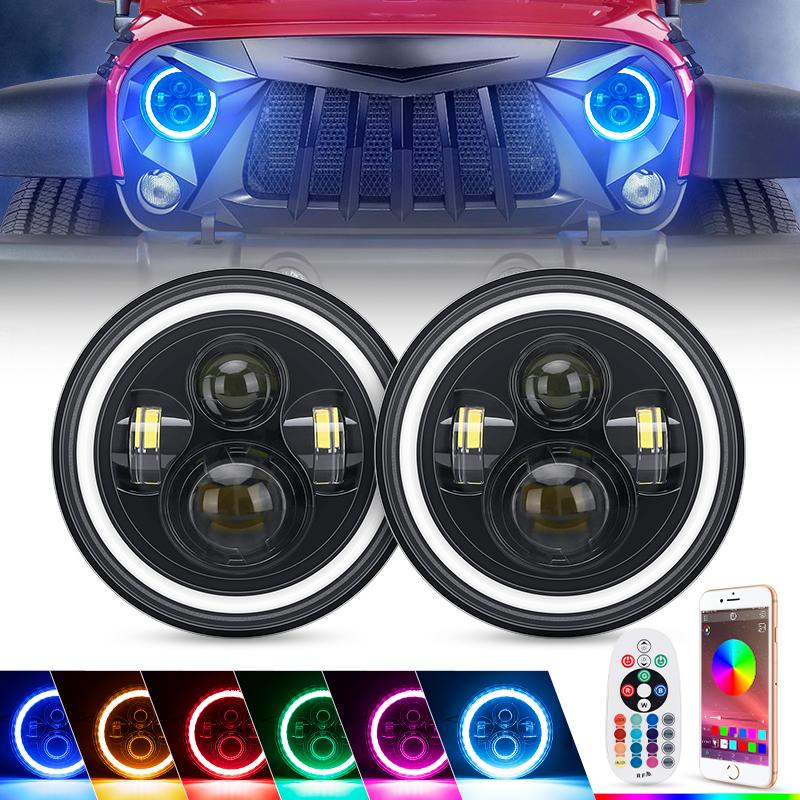 7" Jeep Wrangler LED Headlights with RGB Halo App Or Remote Control for 1997-2018