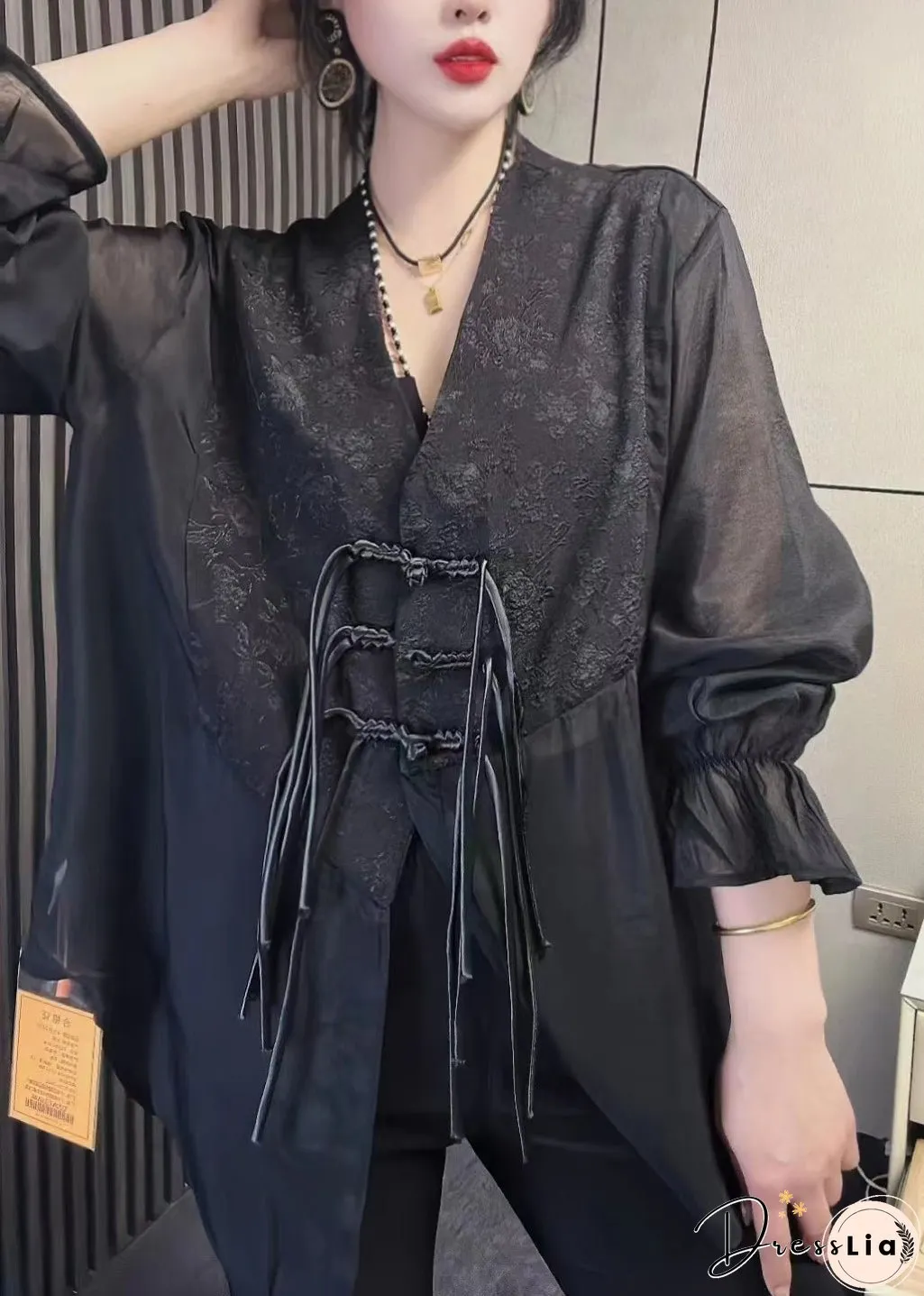 Women Black Tasseled Chinese Button Patchwork Chiffon Shirt Tops Fall