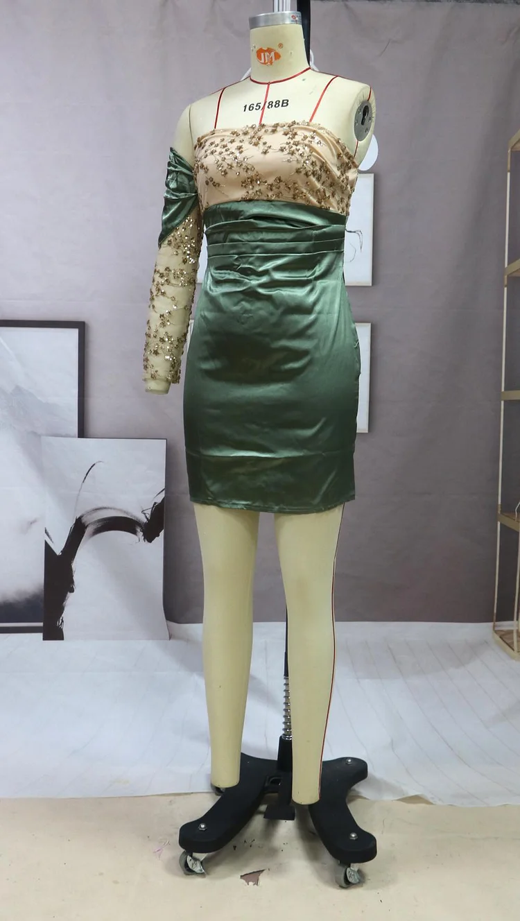 Promsstyle Off-shoulder green sequin mini evening dress Prom Dress 2023