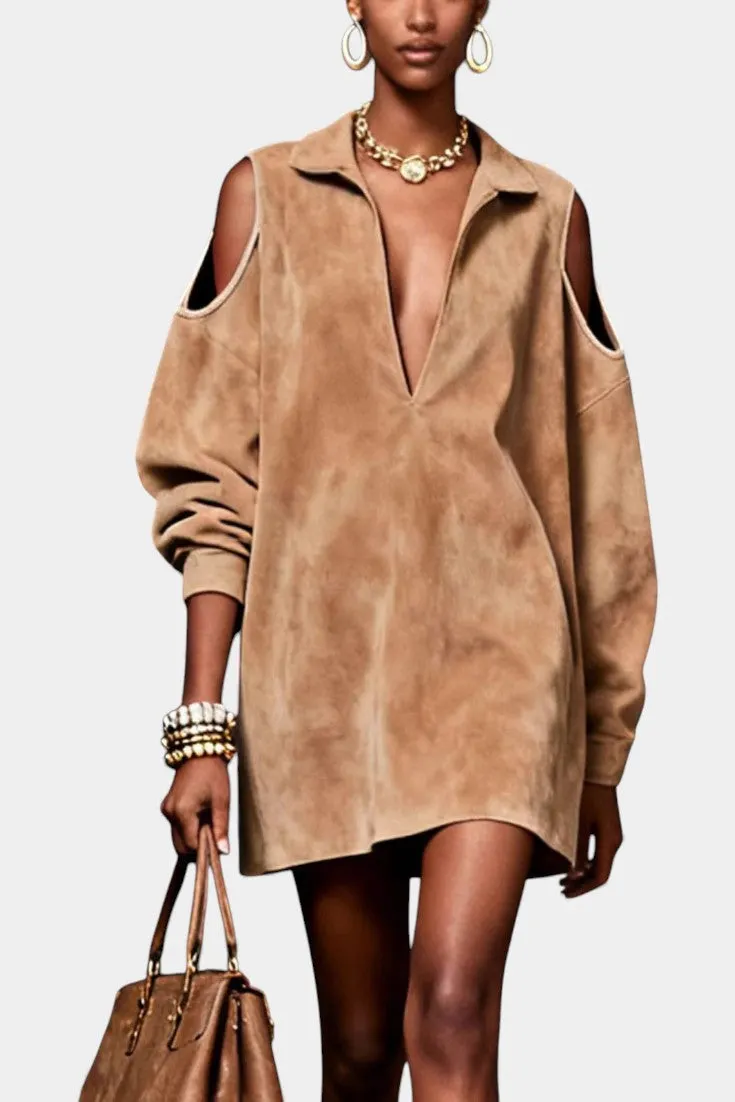 Oversized Cold-Shoulder Suede Dress with Deep V Neck