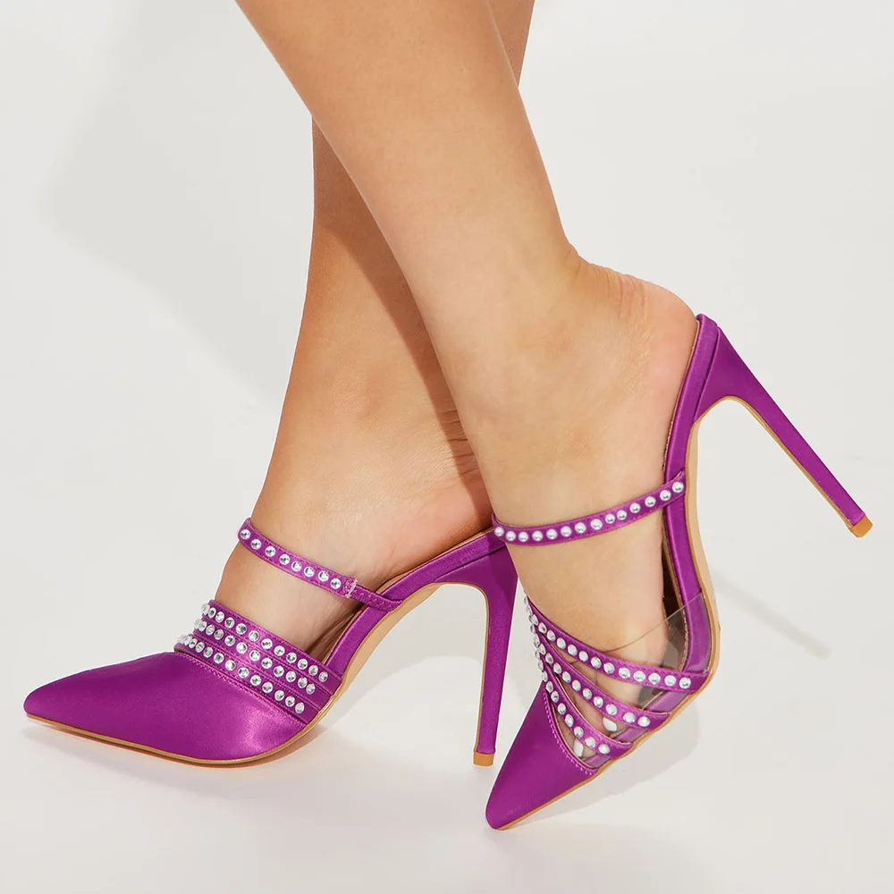 Purple Satin & Clear Mixed Closed Pointed Rhinestone Multiple Strappy Mules With Stiletto Heels Nicepairs