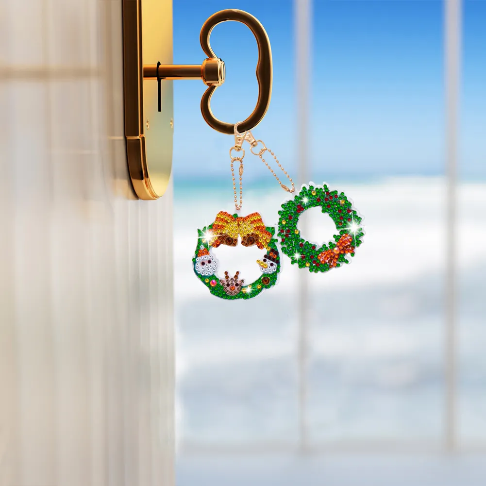 5pcs Diamonds Painting Keychain Christmas Tree Crafts DIY Key Ring Decor(Double Side)