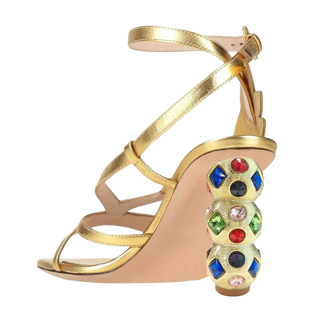 Metallic Sculptural Heel Leaf Style Gold Sandals with Rhinestone
