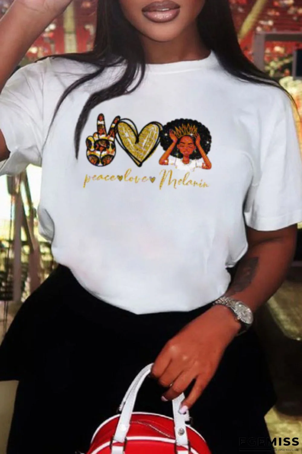 White Fashion Casual Print Patchwork O Neck T-Shirts | EGEMISS