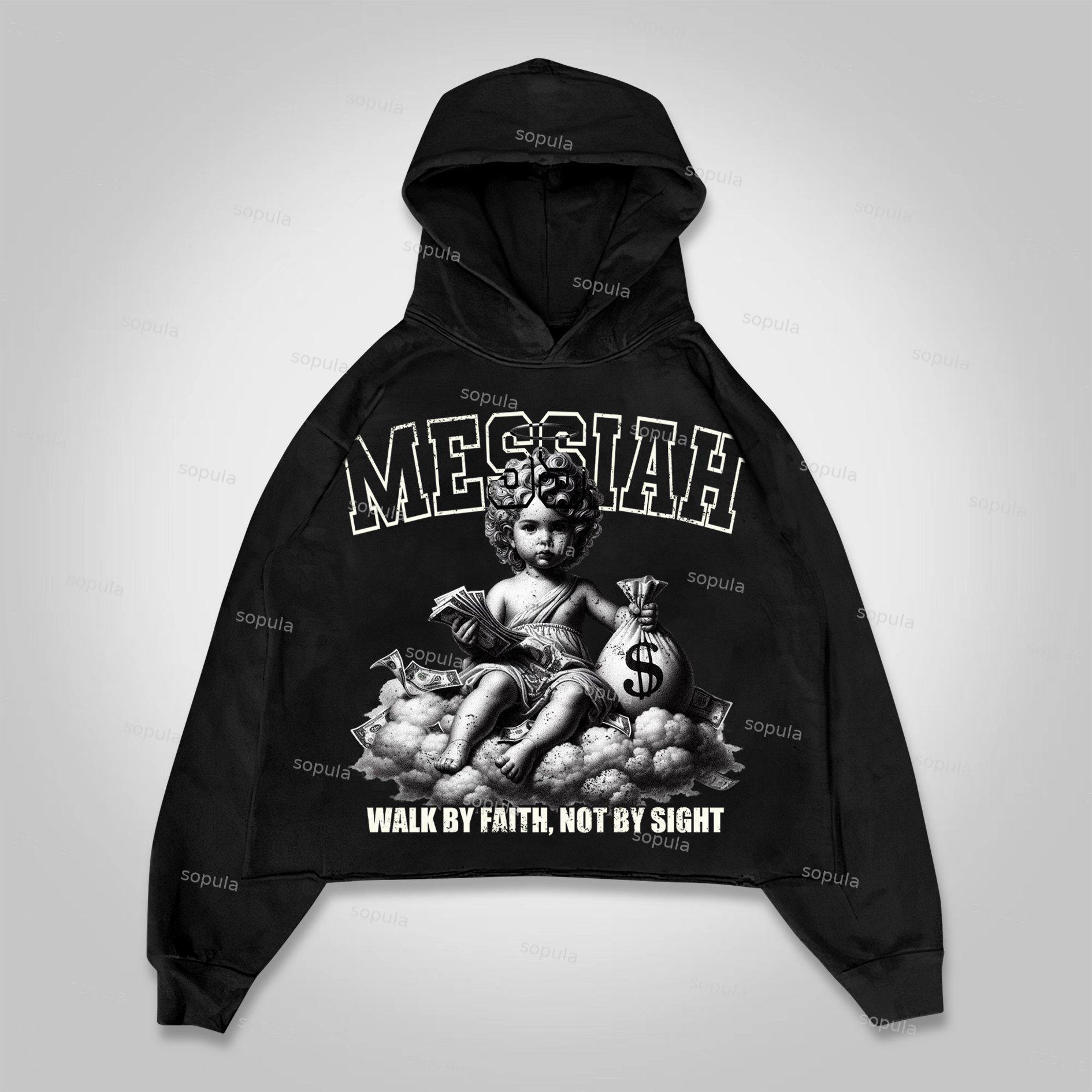 Sopula Messiah Vintage Money Angel Graphic Cropped Hoodie - SOPULA
