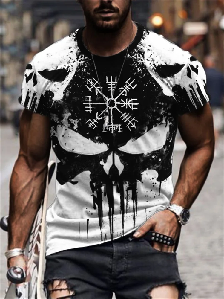 Wearshes Men's Viking Vegvisir Contrast Skulls Graffiti T Shirt