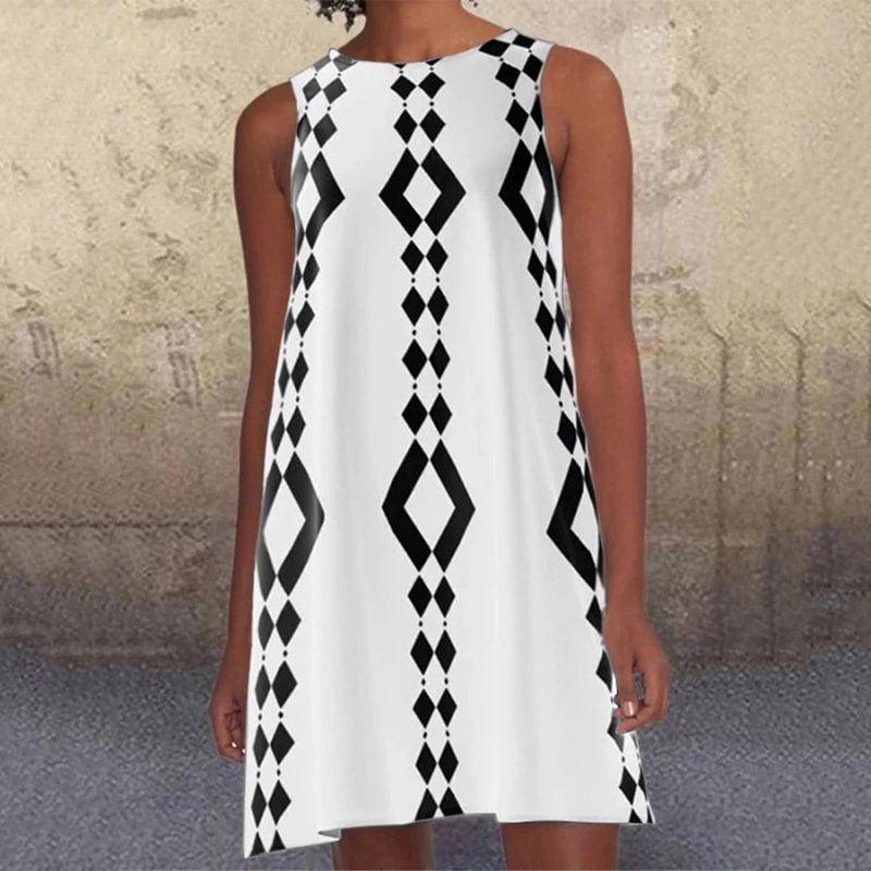 ⚡NEW SEASON⚡Retro Geometric Pattern Sleeveless Round Neck Casual A-Line Dress