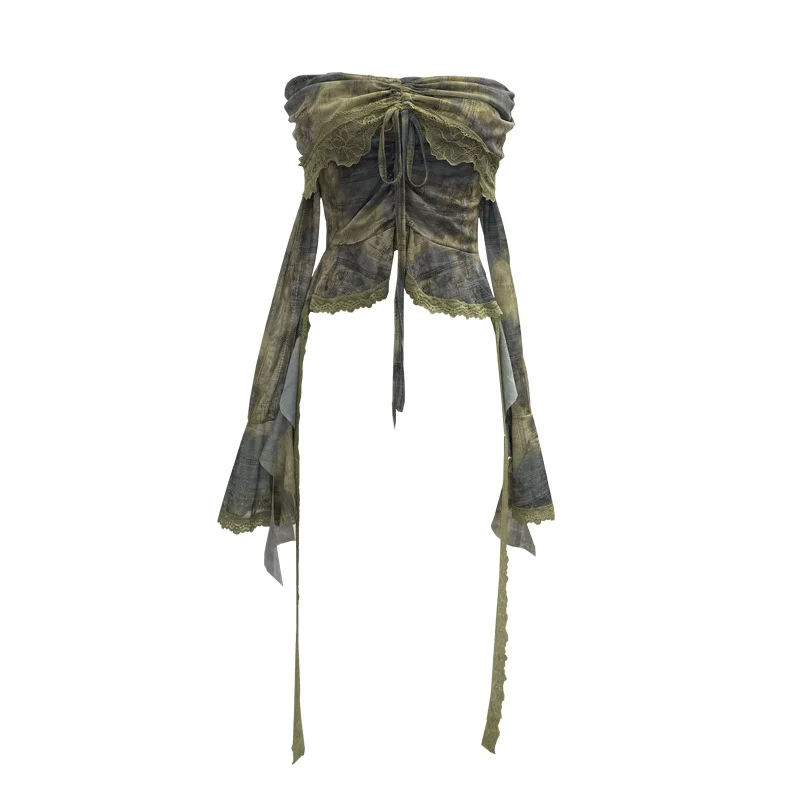 Churchf Small-Sized Old-Fashioned Green Shoulder Horn Sleeve Blouse Dye Net Yarn Lace Draw Rope Short T-Shirt 8010