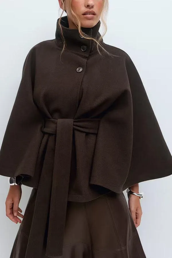 Women's Plain Front Buckle Belted Woolen Cape Coat, Casual Fall & Winter Outerwear, Stylish Daily Wear for Dating, Jackets