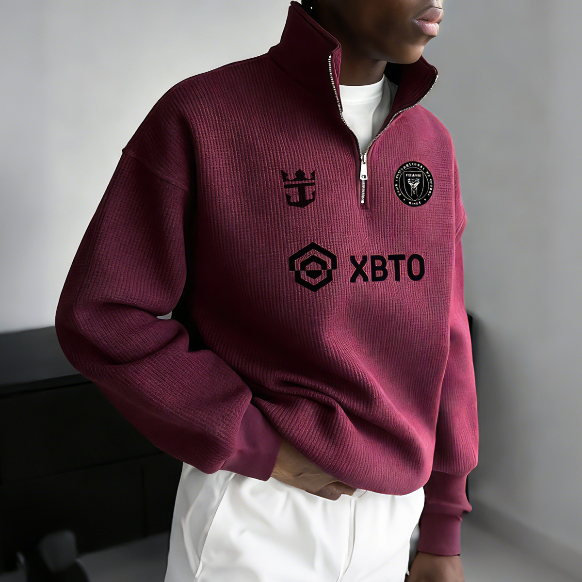 Ribbed Quarter-Zip Pullover with Embroidered Logo Design