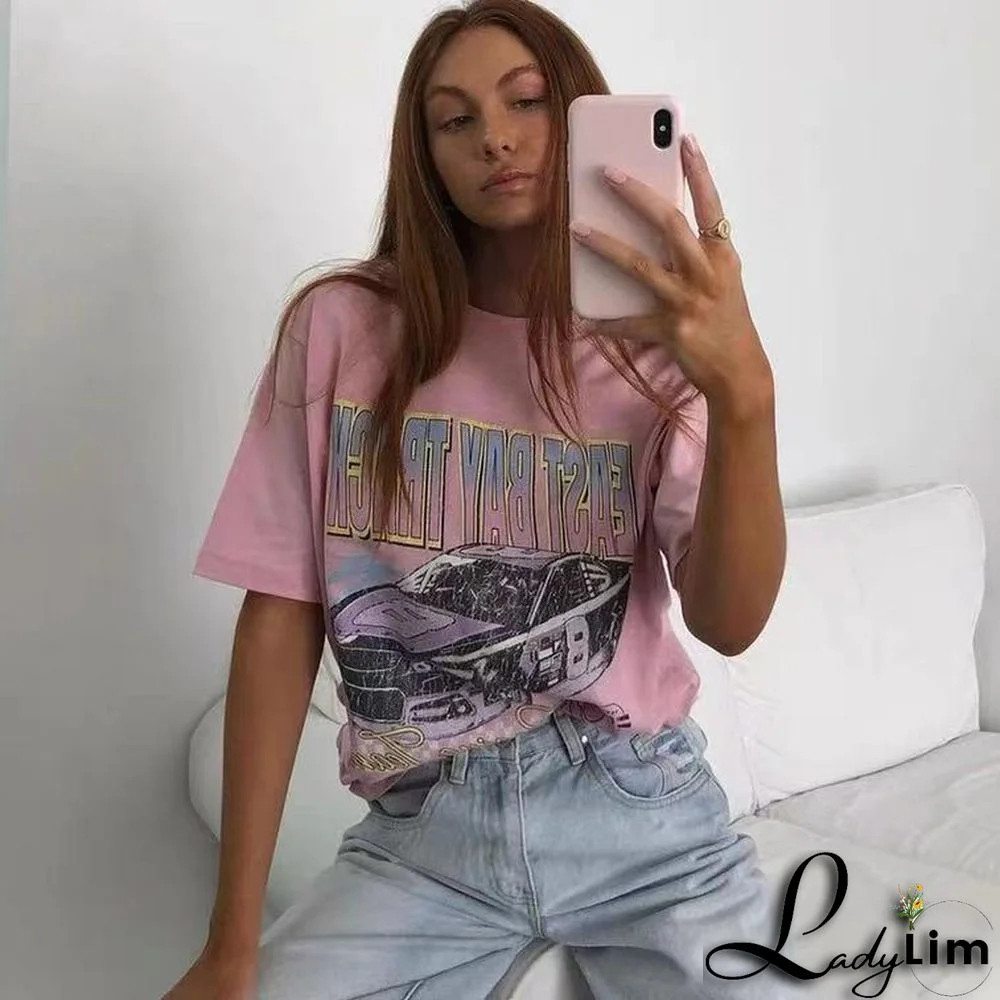 Gothic print Round Neck loose short sleeves t-shirt