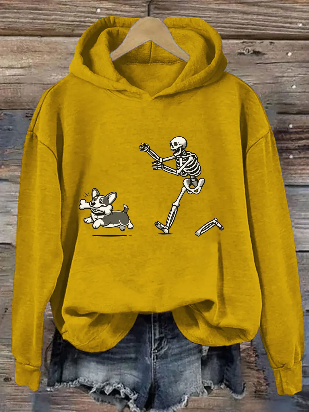 Funny Skeleton Chasing Corgi Hoodie