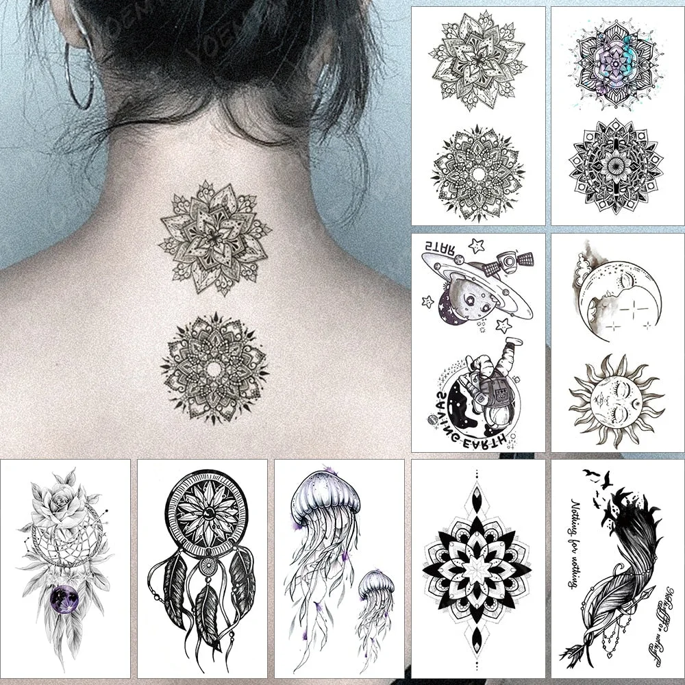 Waterproof Temporary Tattoo Sticker Black Lotus Mandala Flash Tatoo Henna Feather Arm Wrist Fake Tatto For Body Art Women Men